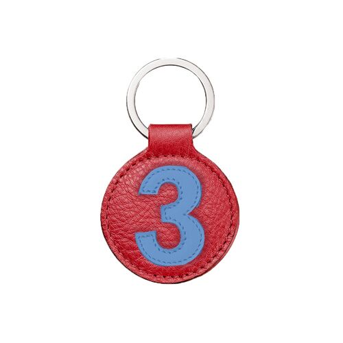 Porte-clés numéro 3 bleu fond rouge fraise / Blue and red key chain number 3