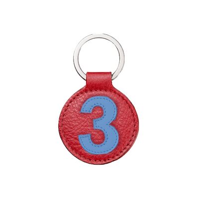 Blauer Schlüsselanhänger Nummer 3 mit erdbeerrotem Hintergrund / Blauer und roter Schlüsselanhänger Nummer 3