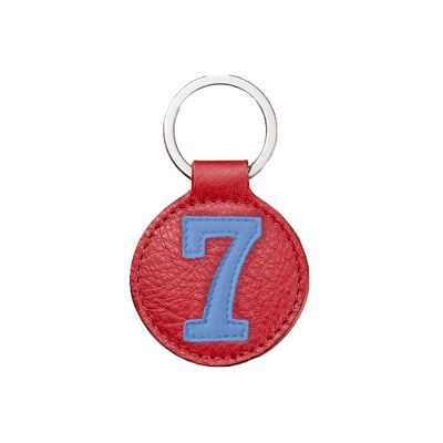 Llavero azul número 7 con fondo rojo fresa / Llavero azul y rojo número 7