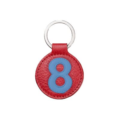 Blue number 8 key ring with strawberry red background / Blue and red key chain number 8