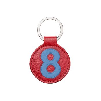 Porte-clés numéro 8 bleu fond rouge fraise / Blue and red key chain number 8