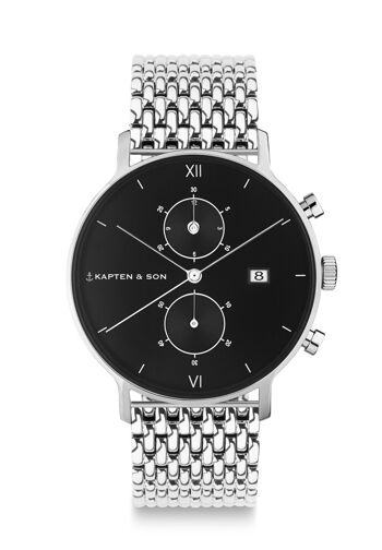 Montre Chrono Argent Noir Acier Tressé 1