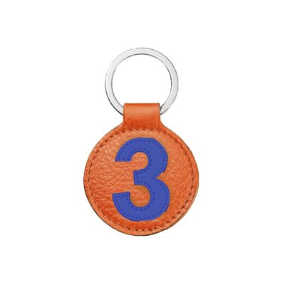 Key chain blue number 3 on orange background / Key chain blue on orange number 3