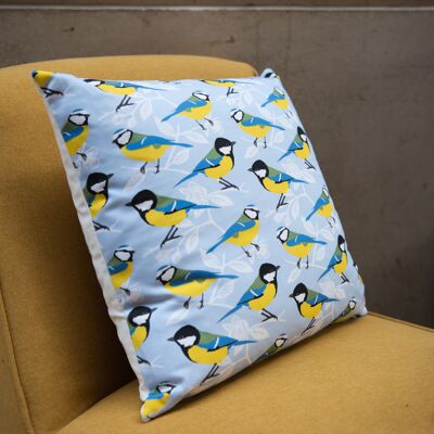 Blue and Great Tit Print Cushion (Feather)