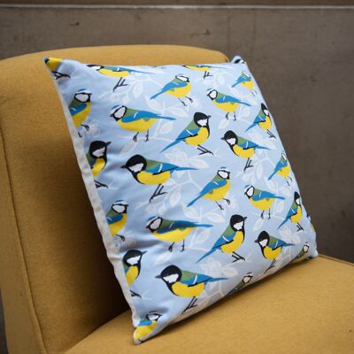 Blue and Great Tit Print Cushion (Feather)
