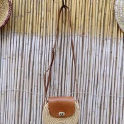 Adjustable Leather Handles Round Raffia Bag With