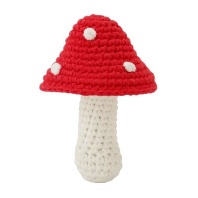 Crocheted baby rattle toadstool in red and white (BIO)