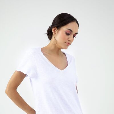 Camiseta Rebecca Mujer Cuello Pico Manga Corta Blanca