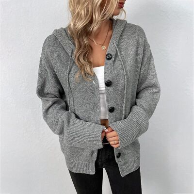 Solid Color Hooded Single Breasted Knit Sweater Cardigan