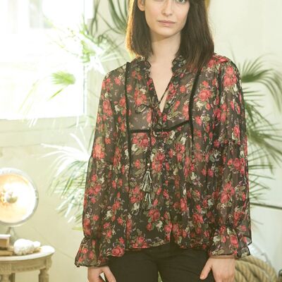 Black shirt with red flower print and drawstring decorated with bells