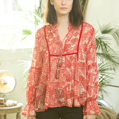 Shirt in bohemian print with red flowers and drawstring decorated with bells