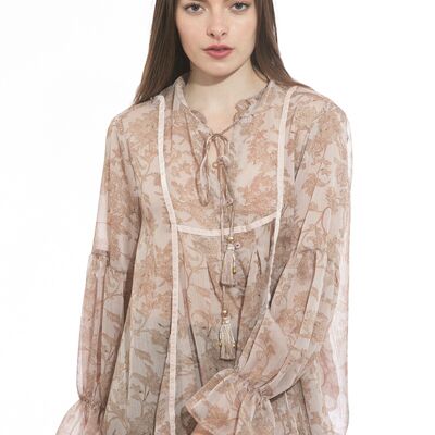 Camicia beige con stampa fiori nude e coulisse decorata con campanelli