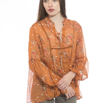 Apricot bohemian-print shirt with bells-trimmed drawstring