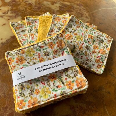 Washable make-up remover wipes - Mustard - White flowers