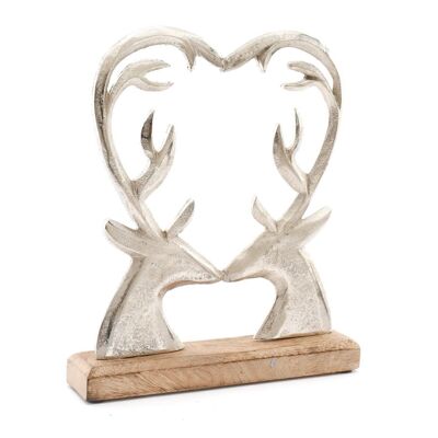 Silver Metal Heart Shape Deer On Wood Base