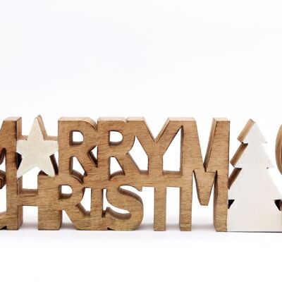 Adorno de madera tallada con la palabra Feliz Navidad