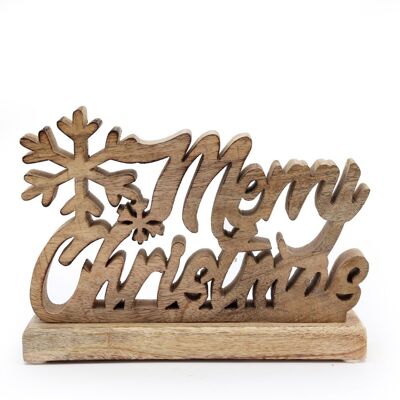 Wood Carved Merry Christmas Script On Base