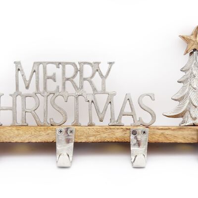 Silberner Weihnachtsstrumpfhalter mit 4 Haken und Baum aus Metall