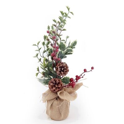 Pinecone & Berries Display In Hessian Sack