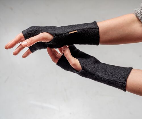 Wool fingerless gloves, hand warmers, texting glows black