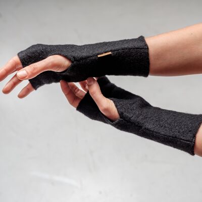 Wool fingerless gloves, hand warmers, texting glows black