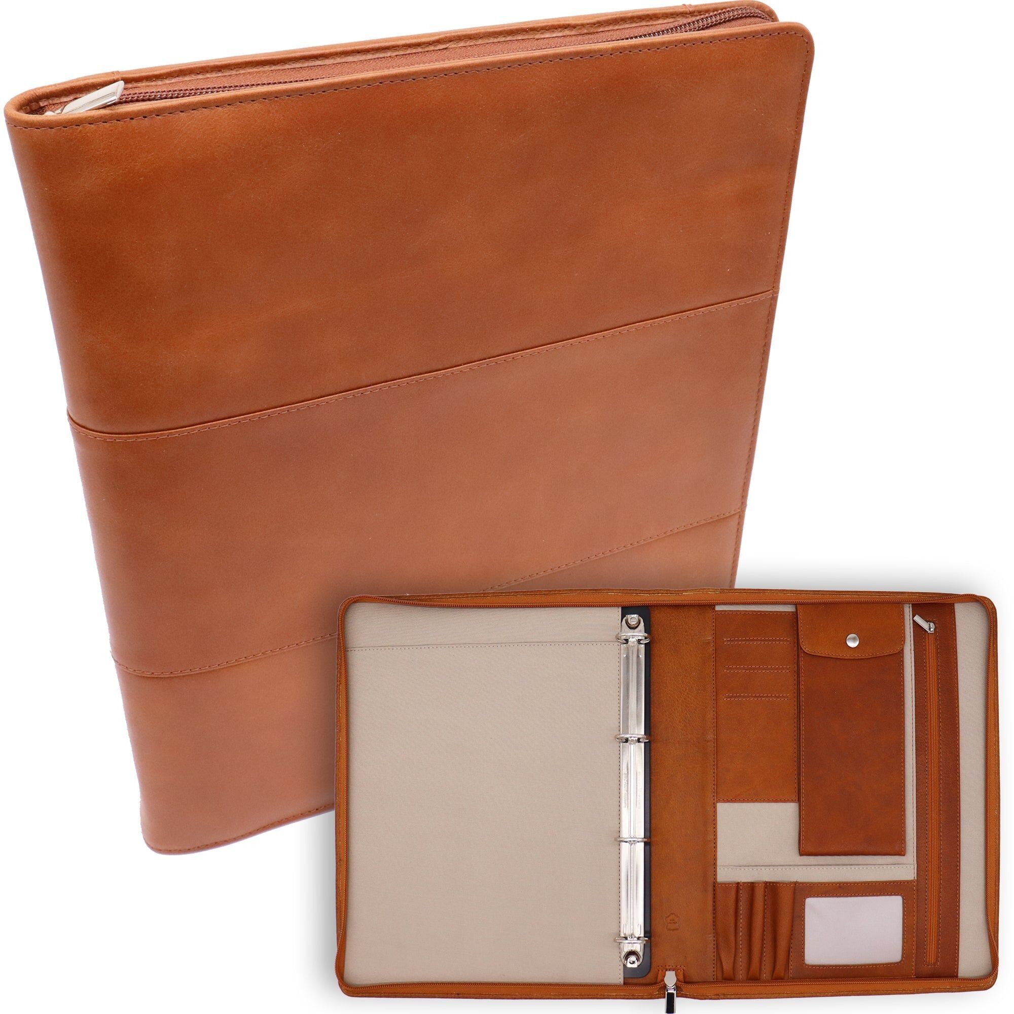 Cartella per scrittura in pelle Paris per mancini - Cartella per conferenze - Copertina per tablet e custodia per laptop - Raccoglitore ad anelli rimovibile A4 - Cognac