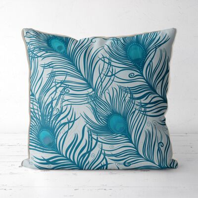 Peacock Feathers, Turquoise on Grey, Cushion / Throw Pillow