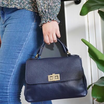 Handbag with flap in Ambre Marine leather