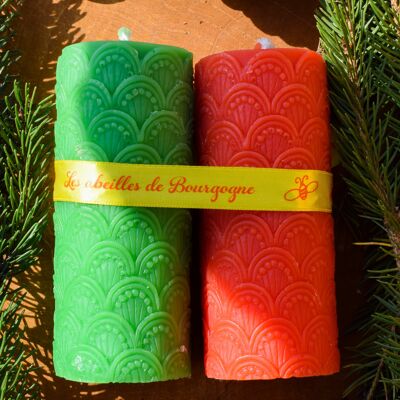 Set of 2 two-tone Cathedral candles, 100% beeswax, Christmas theme
