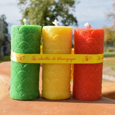 Set of 3 tricolor Cathedral candles, 100% beeswax, Christmas theme