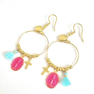 Rainbow Mary Medals Pink Hoop Earrings