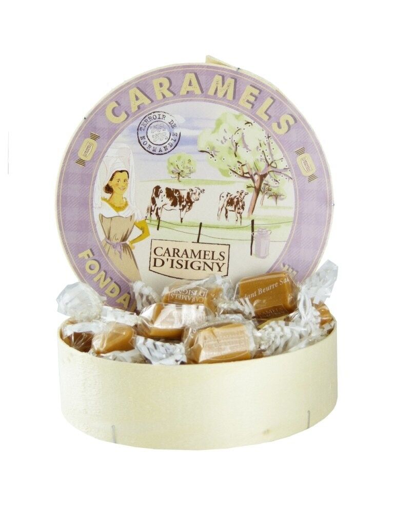 Boite bois de 150g de carmels Isigny au beurre salé