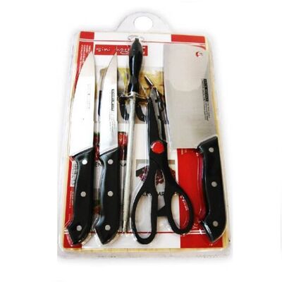 SET 6 PIECES-2 KITCHEN KNIFES, SCISSOR, CLEAVER, SHARPENING STEEL, CUTTING BOARD