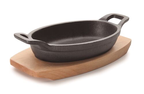CAST IRON OVAL CASSEROLE WITH WOOD BASE - DIAMETER 15,5X10 CM - CAP. 150 ML -GAS+ELECTRIC+VITRO+ INDUCTION + OVEN