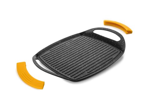 HARD STONE NON-STICK RESISTANT WAVED GRILL-PLATE WITH DETACHABLE SILICONE HANDLES - INDUCTION 3,7X36X23 CM