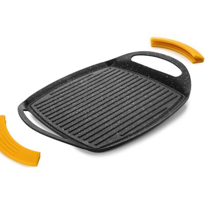 HARD STONE NON-STICK RESISTANT WAVED GRILL-PLATE WITH DETACHABLE SILICONE HANDLES - INDUCTION 3,7X36X23 CM