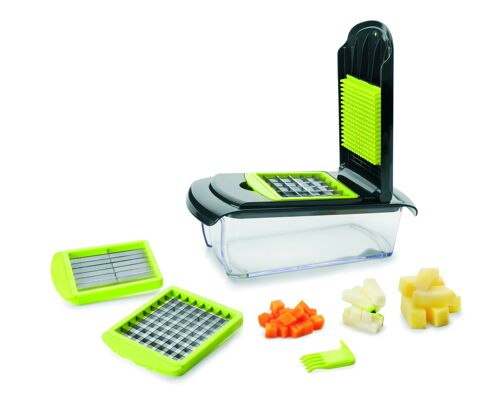 VEGETABLE SLICER WITH 3 CUTTERS AND 1 CLEANER - STRIPS AND DICES 27X12