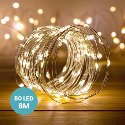 Luces de hadas LED plateadas 80 micro de color blanco cálido