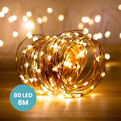 Guirlande Micro LED 8M Cuivre  80 LEDs Blanc Chaud