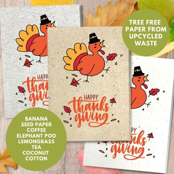 Fait à la main respectueux de l'environnement | Cartes de Thanksgiving en papier de graines ou de matières organiques à planter - Dinde avec chapeau noir 14