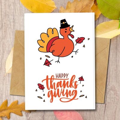 Handmade Eco Friendly | Plantable Seed or Organic Material Paper Thanksgiving Cards - Turkey with Black Hat