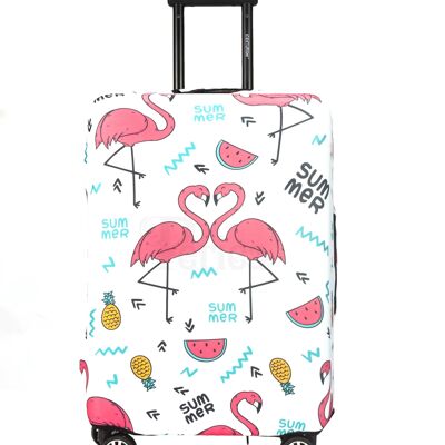 Periea Elasticated Luggage Cover - White with Summer Flamingos 3 Sizes