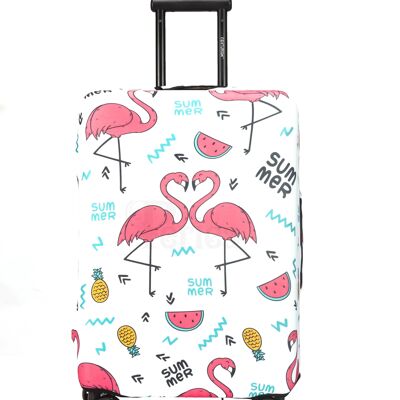 Periea Elasticated Luggage Cover - White with Summer Flamingos 3 Sizes