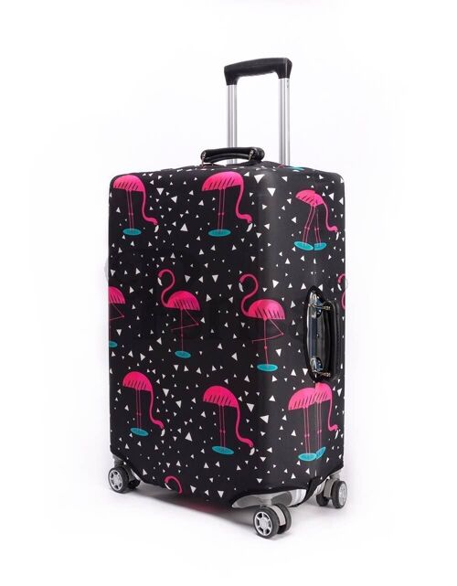 Periea Elasticated Luggage Cover - Black with Pink Flamingos 4 Sizes