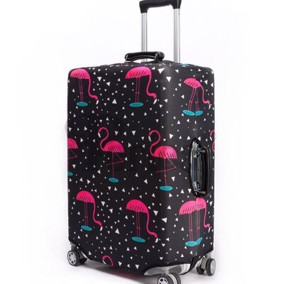 Periea Elasticated Luggage Cover - Black with Pink Flamingos 4 Sizes