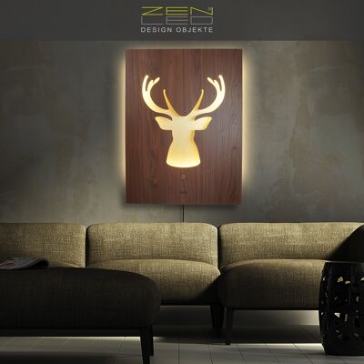 Mural LED cabeza de ciervo asta modelo "Cervo", imagen iluminada en 3D 60x80cm, decoración de pared de metal de madera rústica en aspecto de madera marrón nogal sobre placa de aluminio cepillado en oro, escultura de luz iluminada, estilo casa de campo