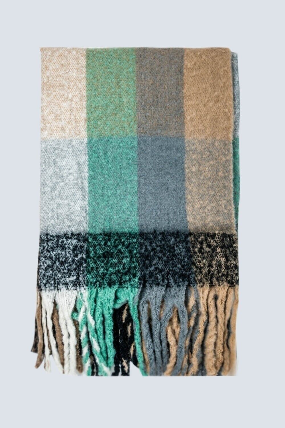 Soffice sciarpa con nappine a quadri nero brillante