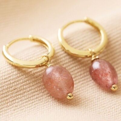 Boucles d'oreilles créoles en pierre de quartz fraise en or