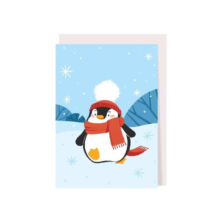 Cartolina d'auguri di buon Natale con un simpatico pinguino