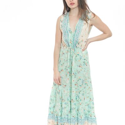 Hellgrünes langes Kleid mit Blumendruck, geknöpfter Vorderseite und V-Ausschnitt